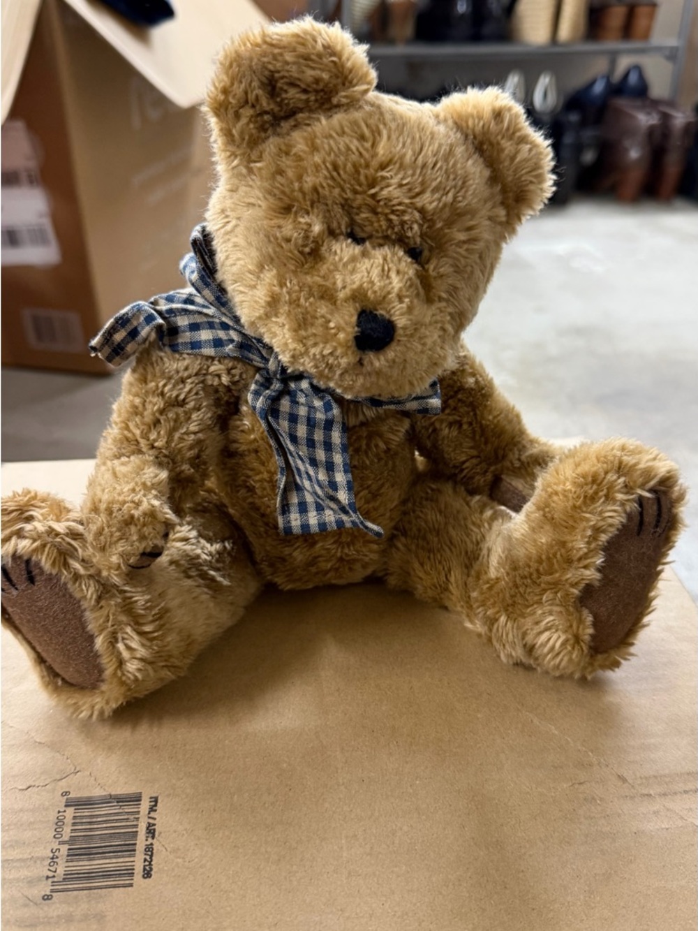Plush Brown Teddy Bear with Blue Gingham Bow